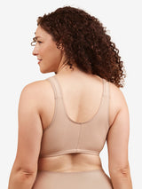 Back view of cotton front-closure wirefree comfort bra in warm taupe