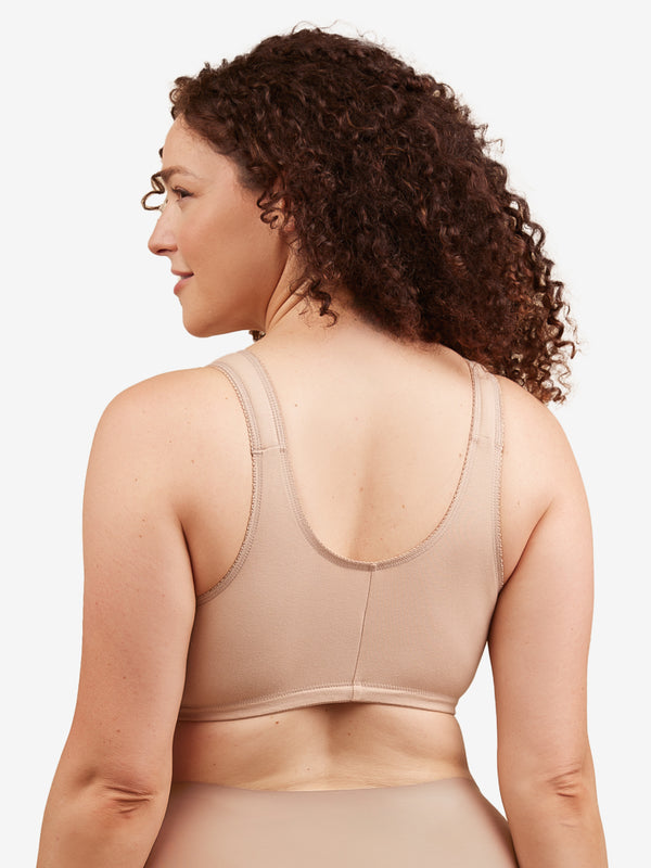 Back view of cotton front-closure wirefree comfort bra in warm taupe