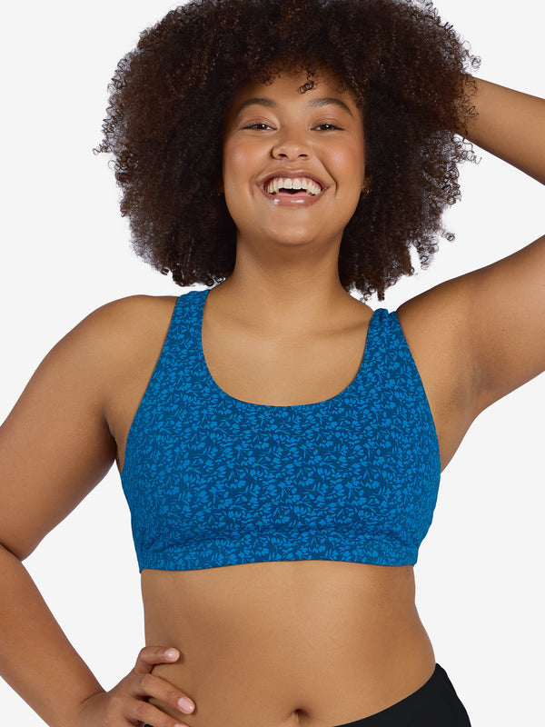 Front view of cotton wirefree sports bra in blue print