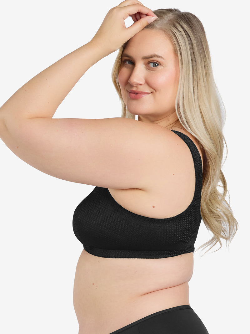 Side view of zig-zag weave front-closure comfort bra in black