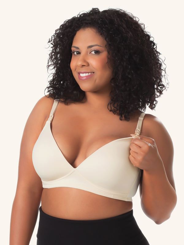 Front view of molded seamless wirefree nursing bra in nude