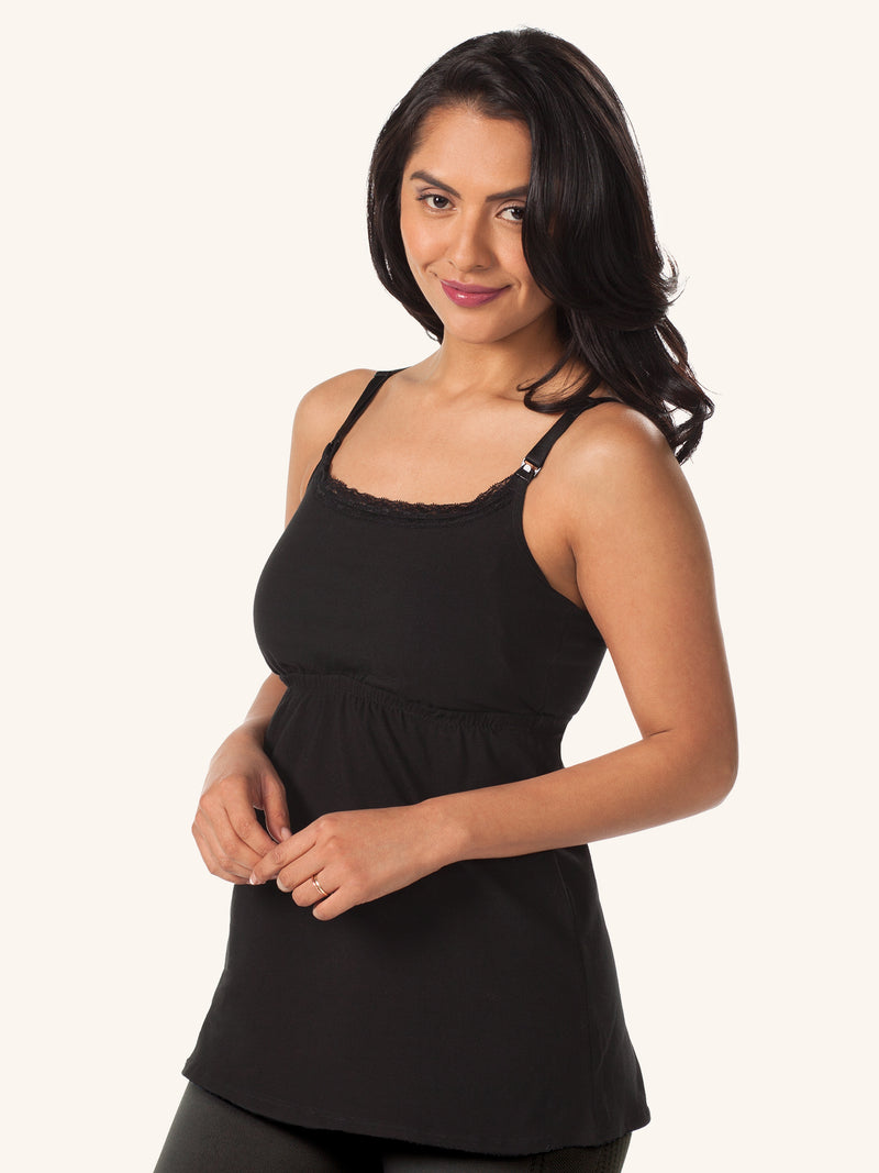 Front view of loving moments nursing cami with lace in black