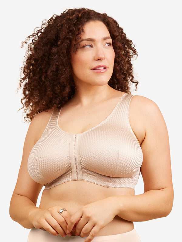 Front view of zig-zag weave front-closure comfort bra in beige