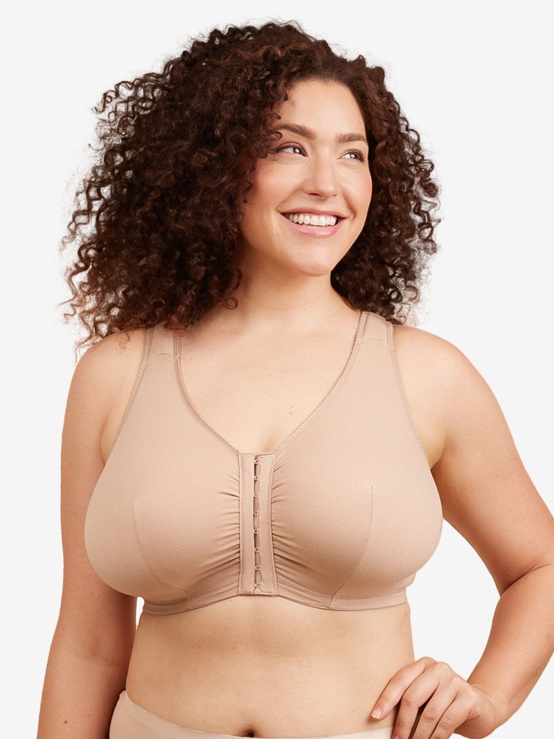 Front view of cotton front-closure wirefree comfort bra in warm taupe