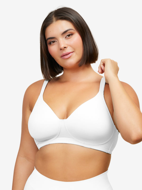 Front view of full coverage wirefree padded bra in white