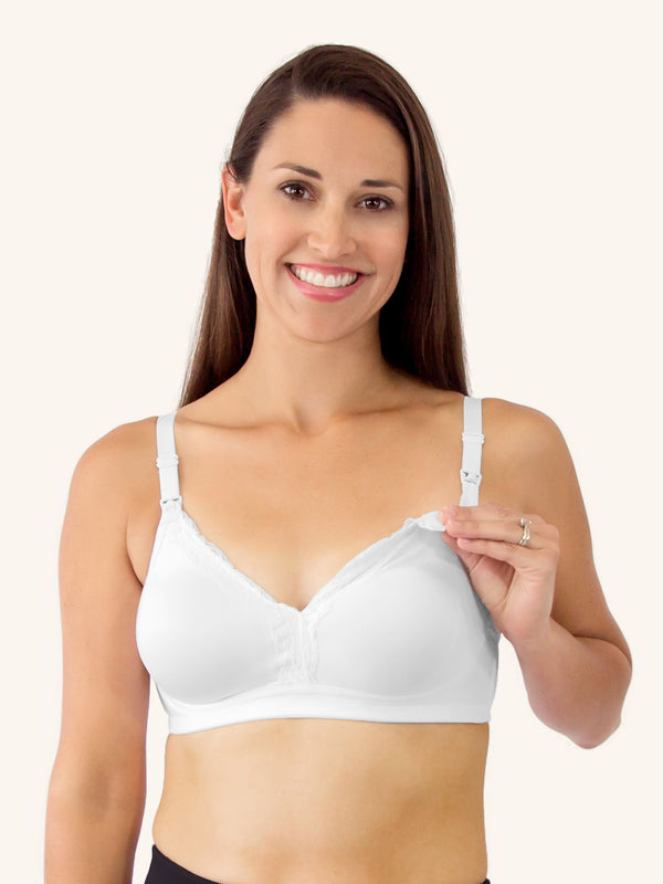 Front view of silky lace nursing bra in white