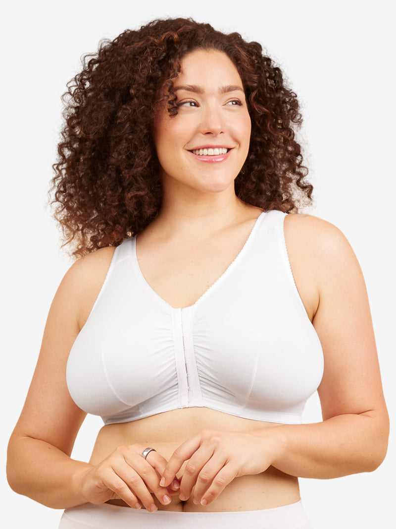 Front view of cotton front-closure wirefree comfort bra in white