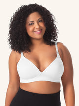 Front view of molded seamless wirefree nursing bra in white