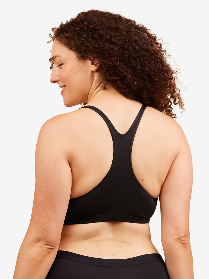 Back view of cotton wirefree sports bra in black