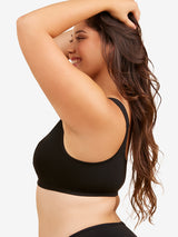 Side view of cotton front-closure wirefree comfort bra in black