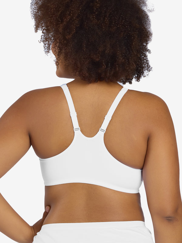 Side view of front-closure racerback t-shirt bra in white