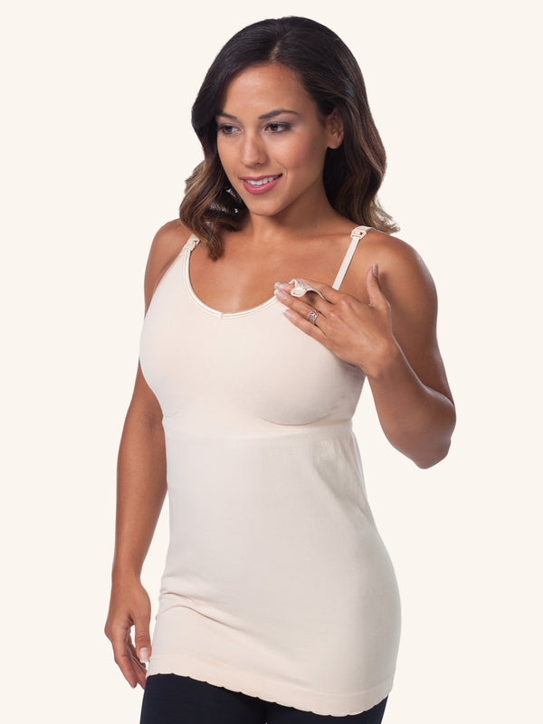 Front view of maternity to nursing seamless cotton tank in naturally nude