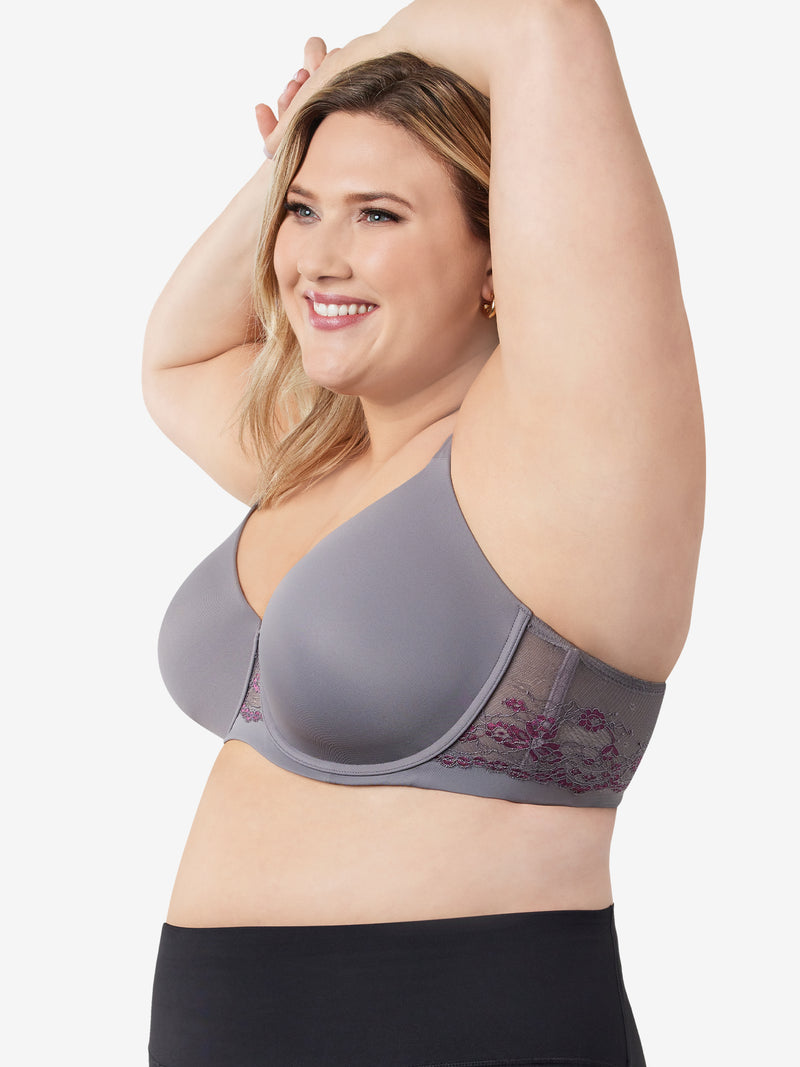 Side view of lace underwire t-shirt bra in storm front grey