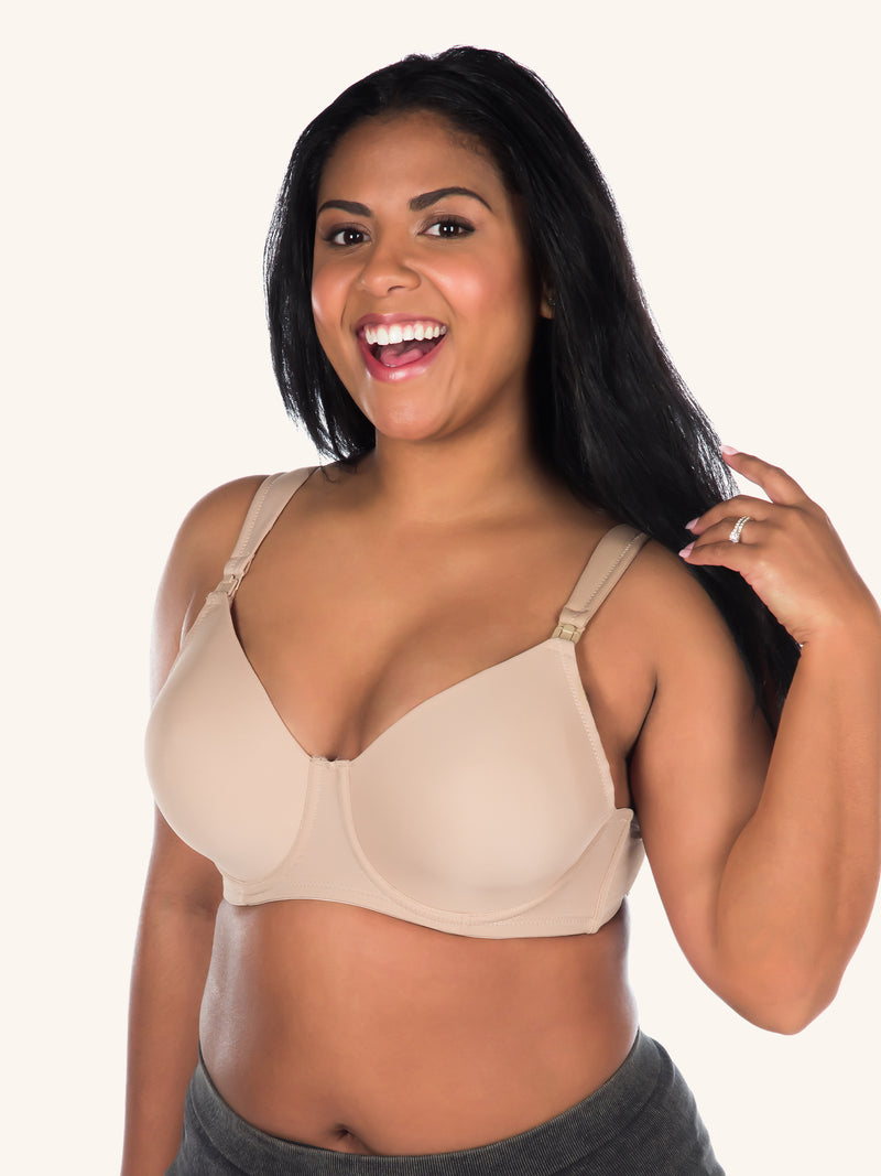 Front view of cool fit underwire nursing bra in warm taupe
