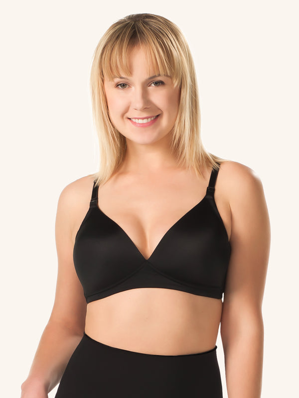 Front view of molded seamless wirefree nursing bra in black