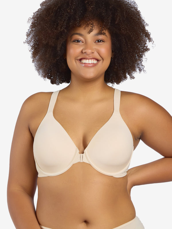 Front view of front-closure racerback t-shirt bra in nude