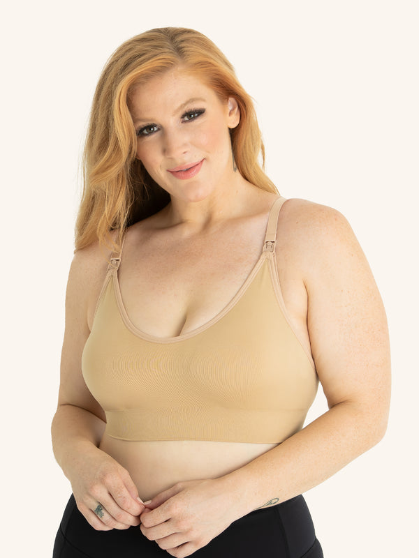Front view of seamless comfort maternity nursing bra in salt beige