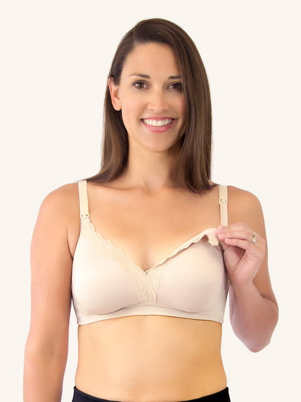 Front view of silky lace nursing bra in nude