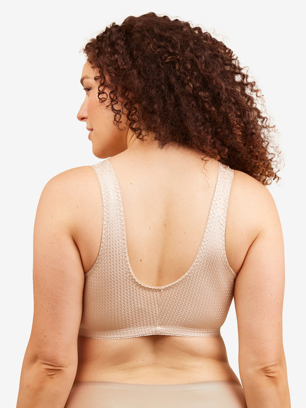 Back view of zig-zag weave front-closure comfort bra in beige