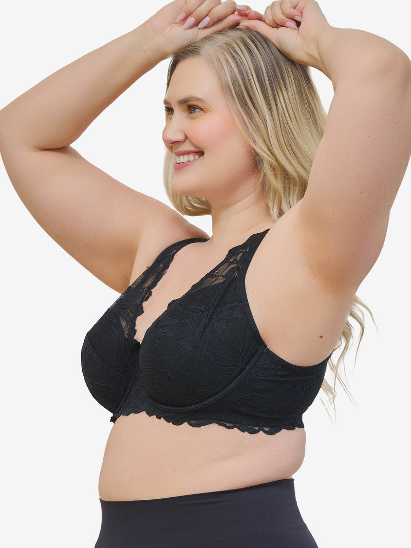 The Willow - Lace Plunge Underwire Bra - Black,40A