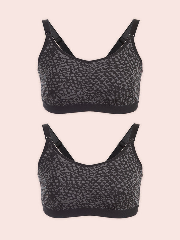 The Blake - Gathered-Front Comfort Nursing Bra 2-Pack - Black and Dark Grey Print - 2PK,M