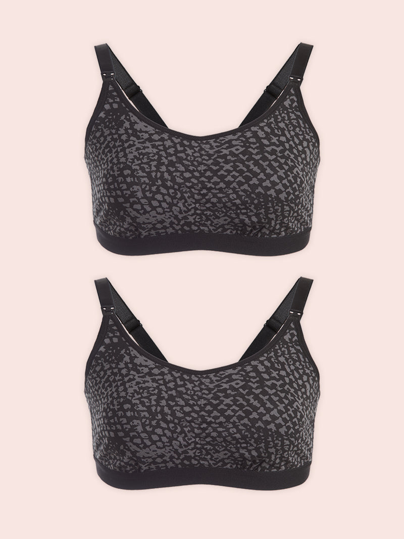 The Blake - Gathered-Front Comfort Nursing Bra 2-Pack - Black and Dark Grey Print - 2PK,M