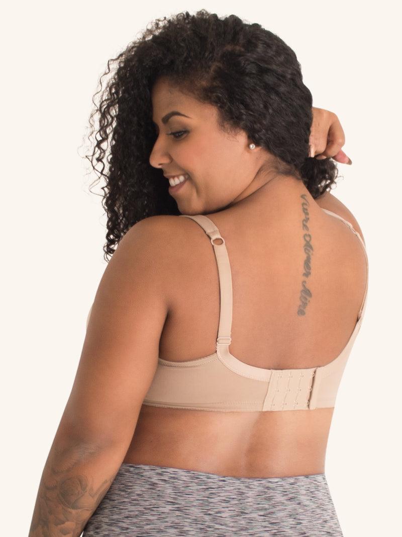 Back view of wirefree nursing and hands free pump bra in warm taupe