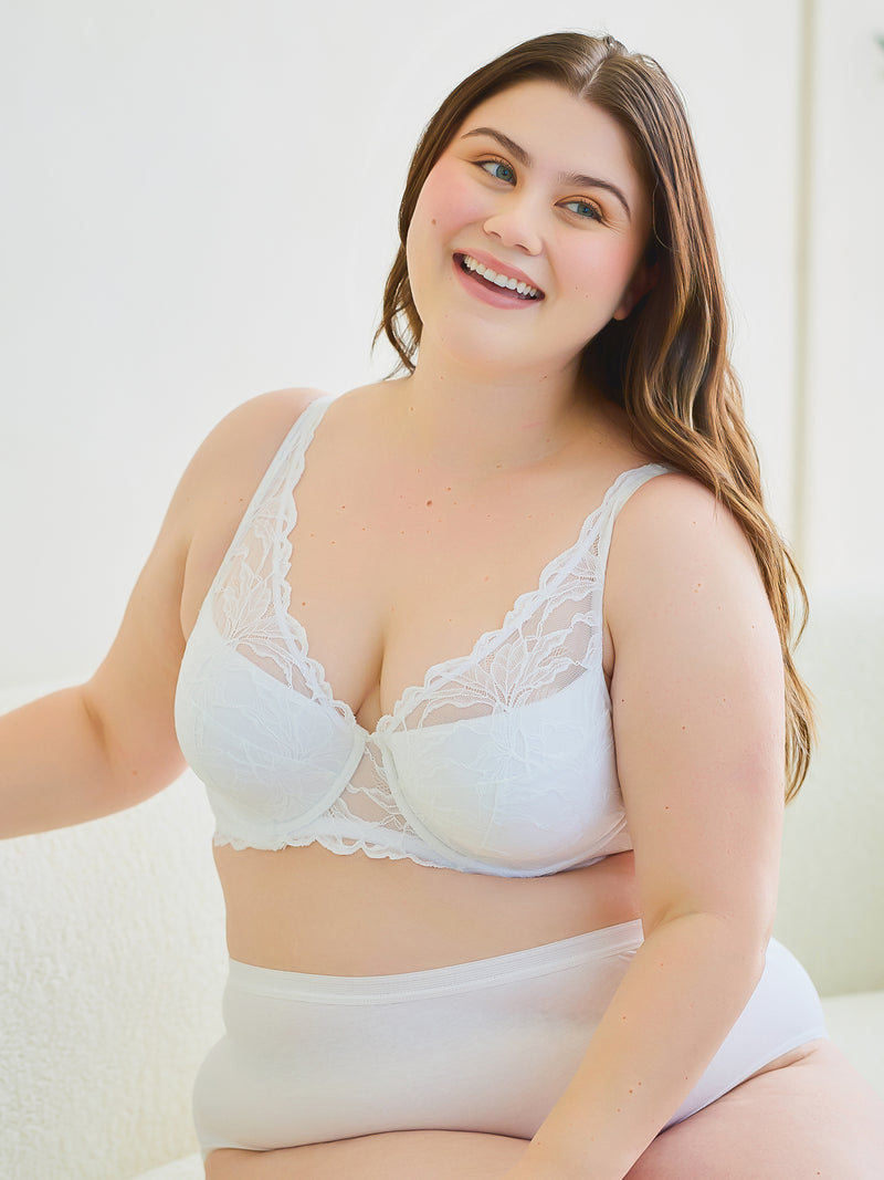 The Willow - Lace Plunge Underwire Bra - White,40A