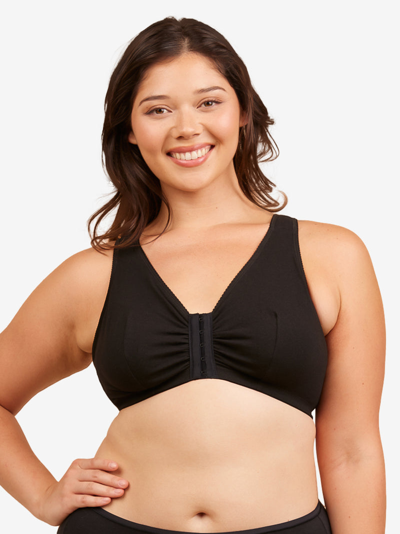 Front view of cotton front-closure wirefree comfort bra in black