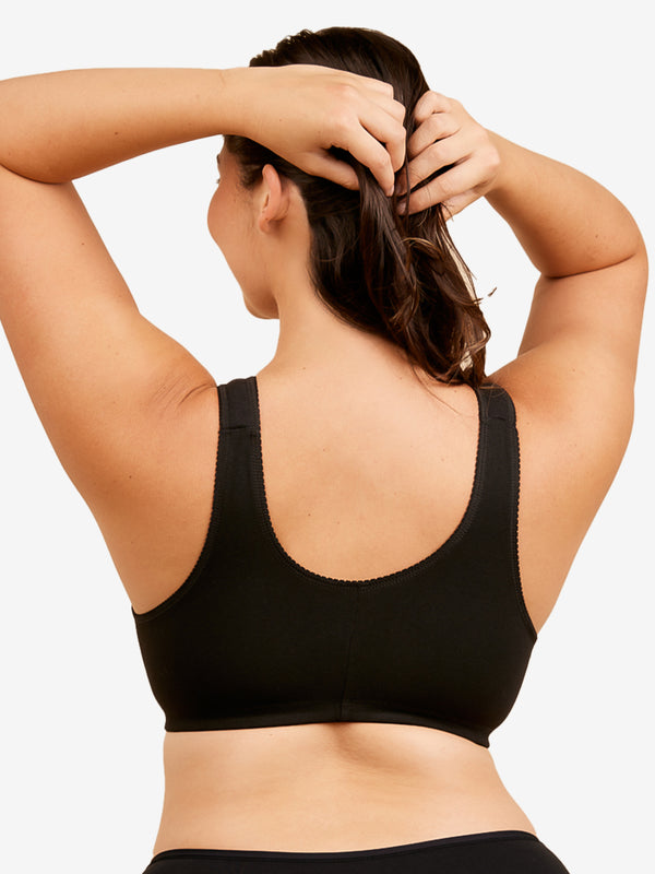 Back view of cotton front-closure wirefree comfort bra in black