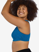 Front view of cotton wirefree sports bra in blue print