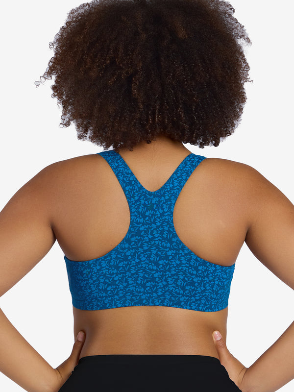 Back view of cotton wirefree sports bra in blue print
