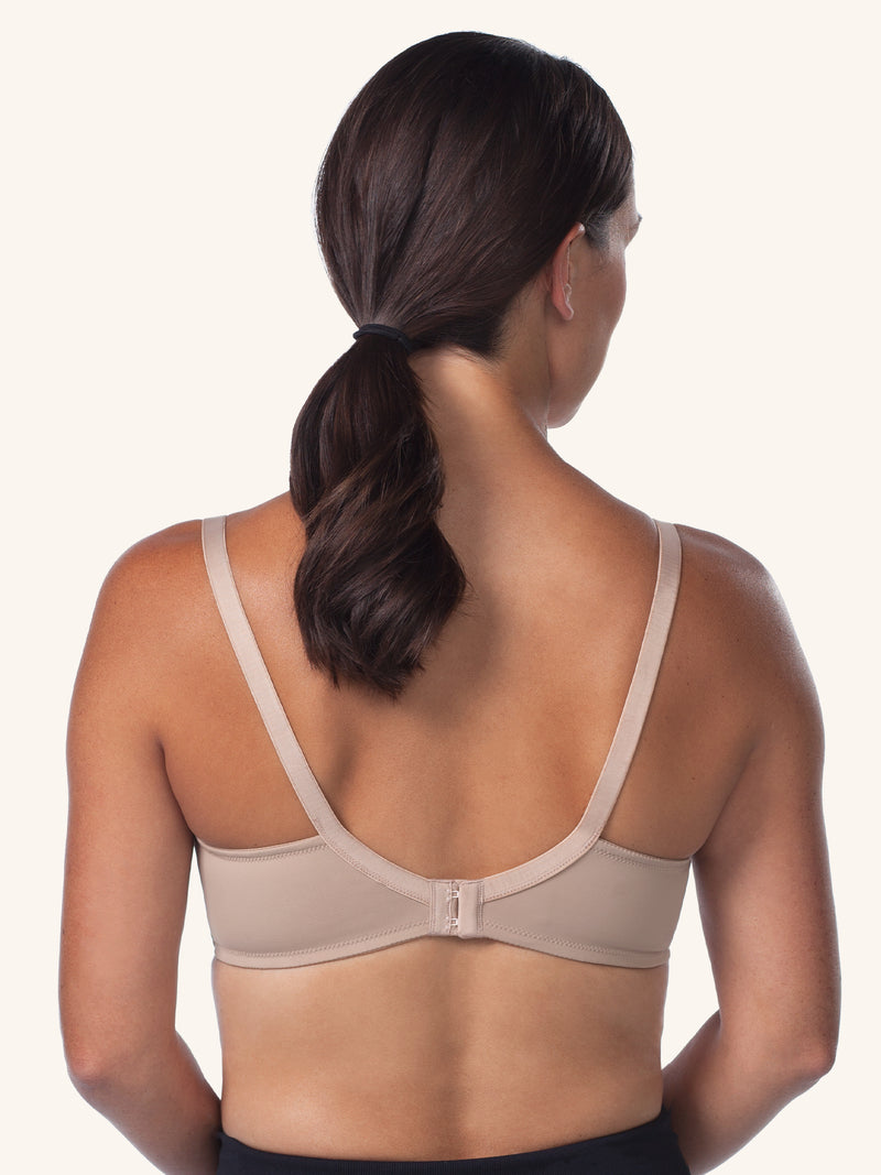 Front view of wireless maternity to nursing bra in warm taupe