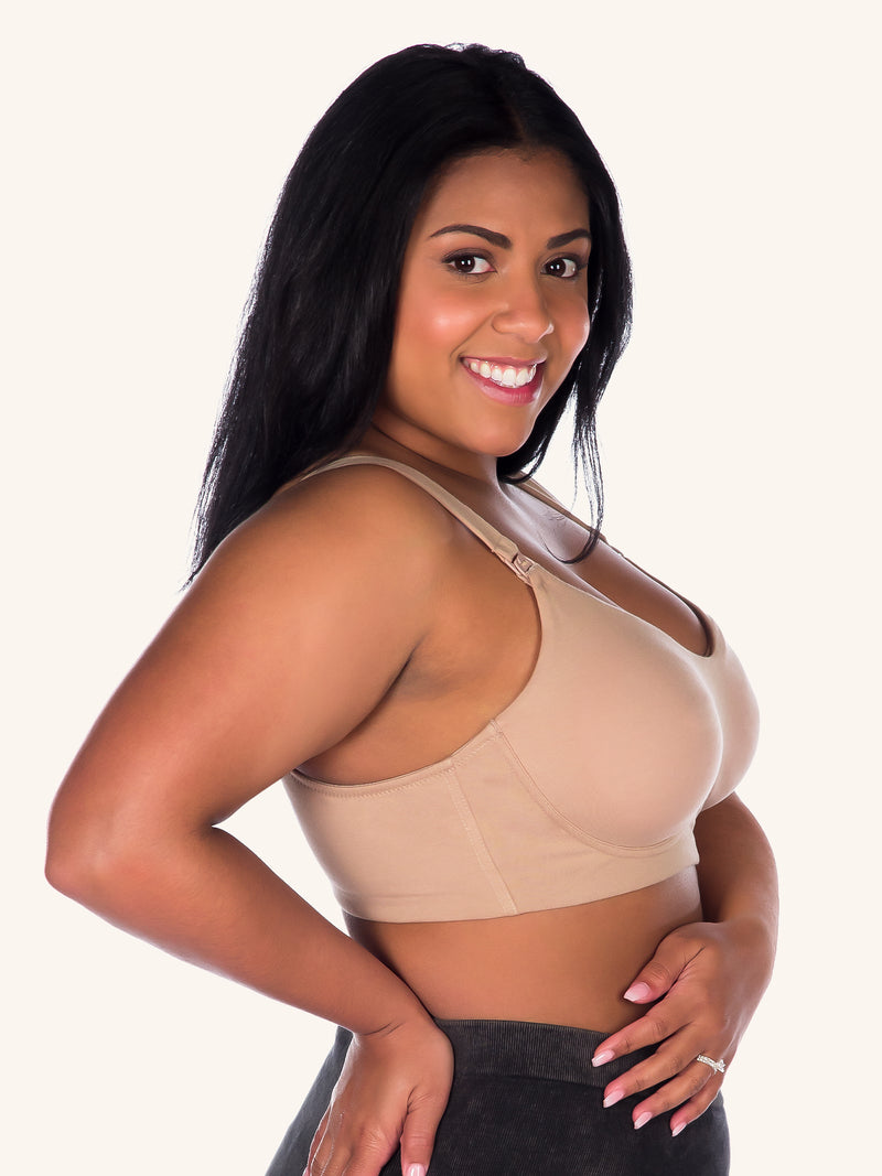 Side view of cotton sport wirefree nursing bra in warm taupe