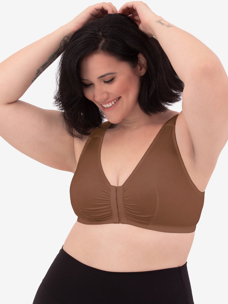 Front view of cotton front-closure wirefree comfort bra in mocha nude