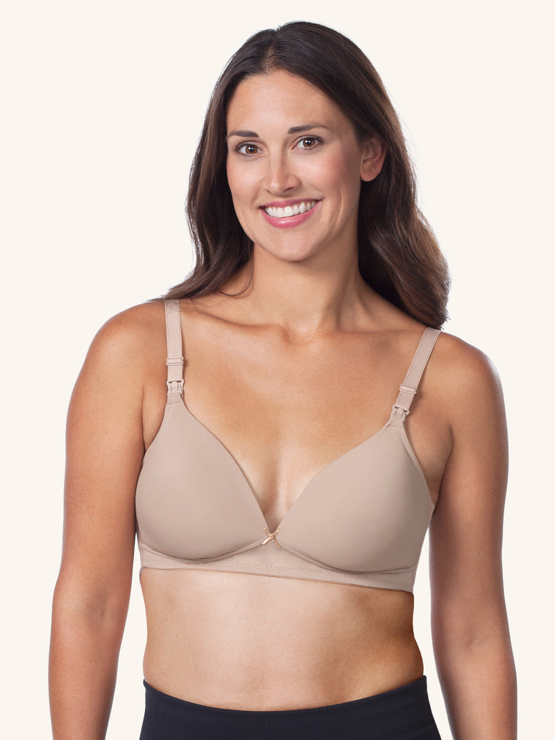 Back view of wireless maternity to nursing bra in warm taupe