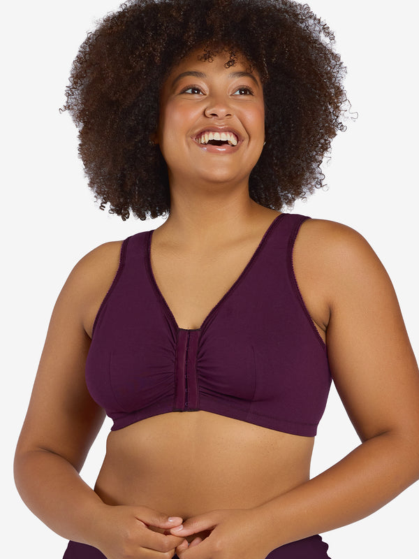 Front view of cotton front-closure wirefree comfort bra in black