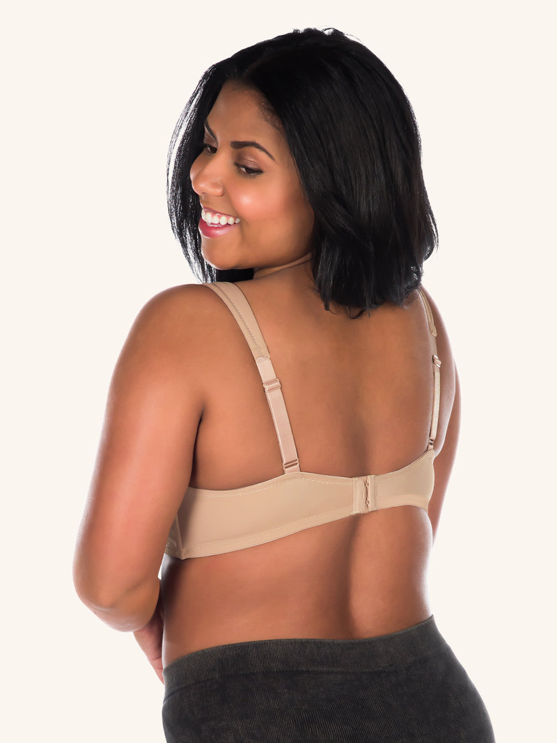 Back view of cool fit underwire nursing bra in warm taupe