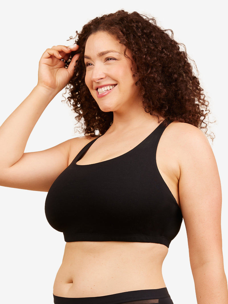 Front view of cotton wirefree sports bra in black