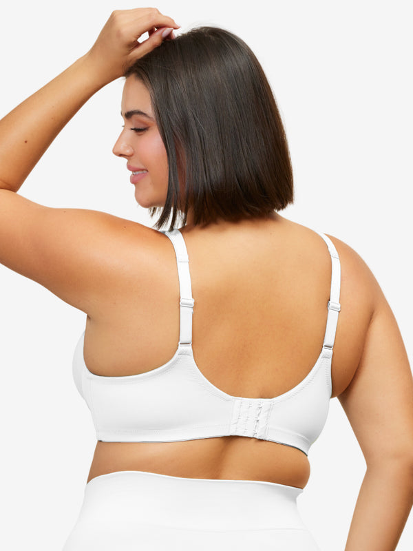 Back view of full coverage wirefree padded bra in white