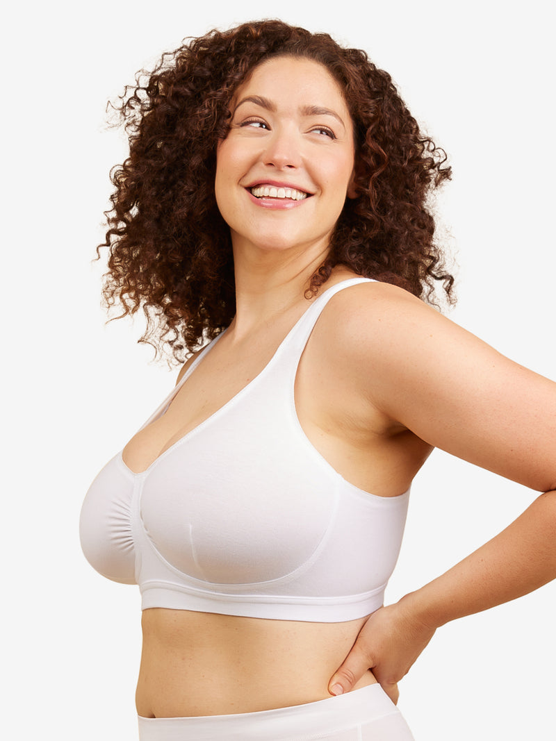 Side view of cotton comfort bra in white