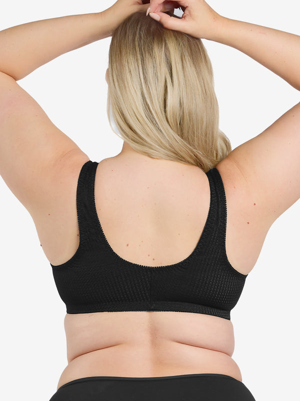 Back view of zig-zag weave front-closure comfort bra in black