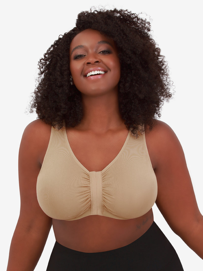 Snap Front Seamless Bra with Ultra-Wide Straps For Comfort and Support,  Plush Fabric - Nude, Large