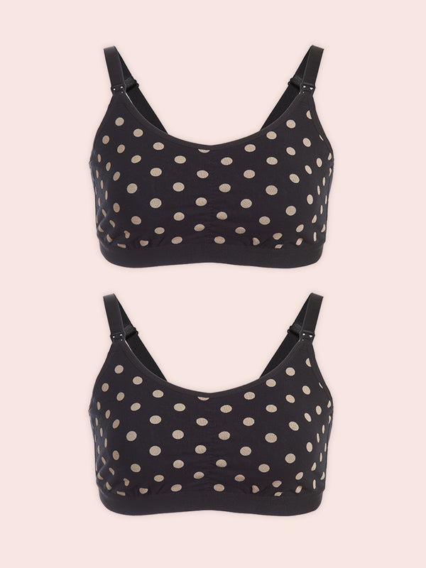 The Blake - Gathered-Front Comfort Nursing Bra 2-Pack - Black w/Tan Dot 2PK,S