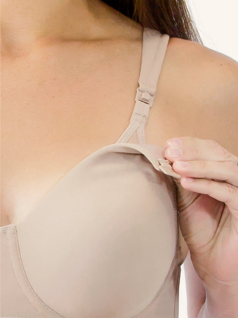 Close up detail view of cool fit underwire nursing bra in warm taupe