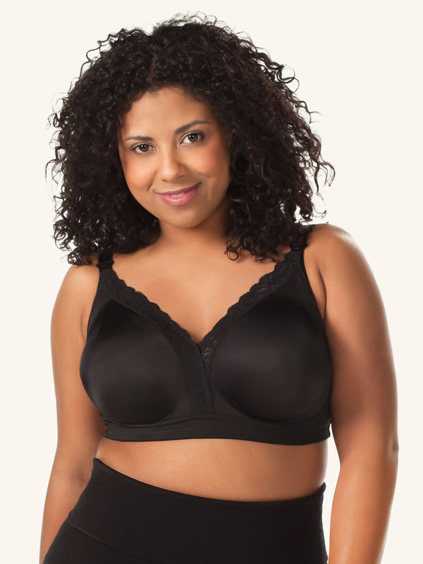 Front view of silky lace nursing bra in black