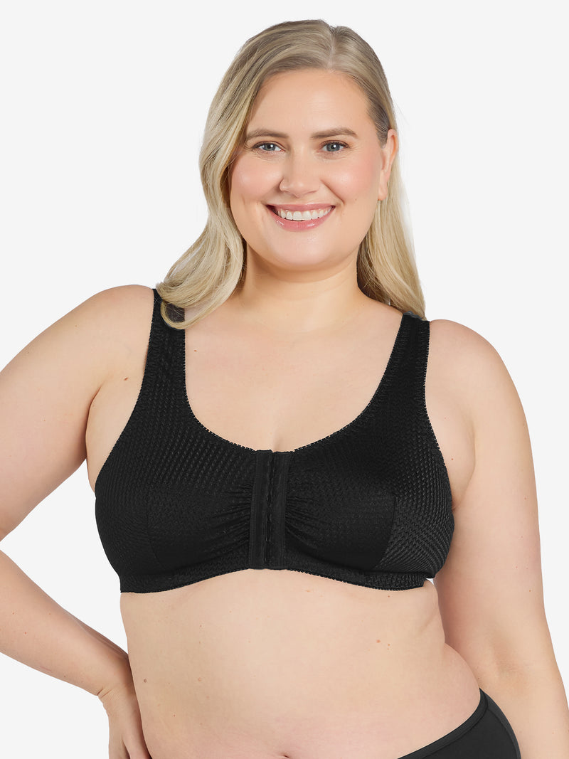 Front view of zig-zag weave front-closure comfort bra in black