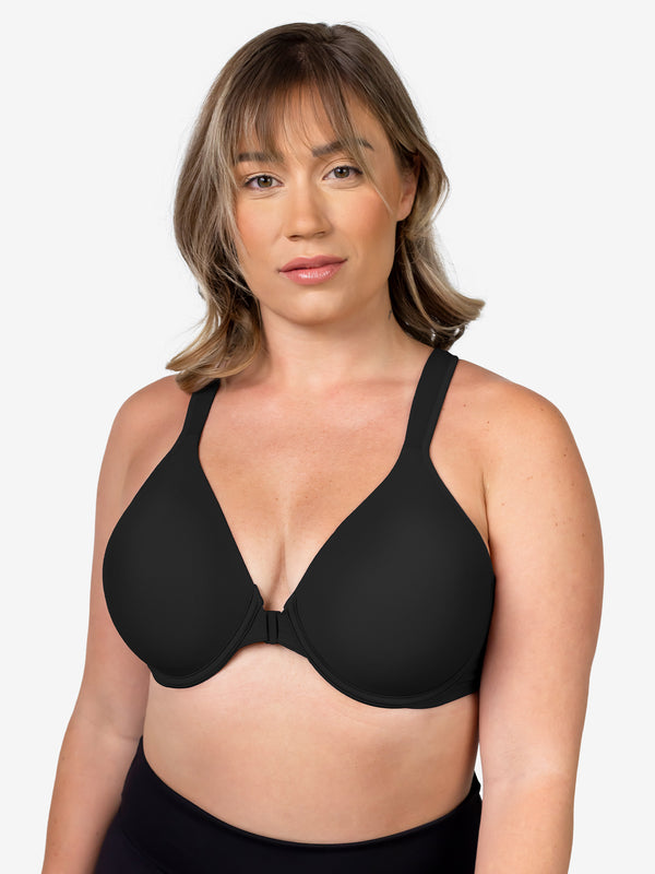 Front view of front-closure racerback t-shirt bra in black