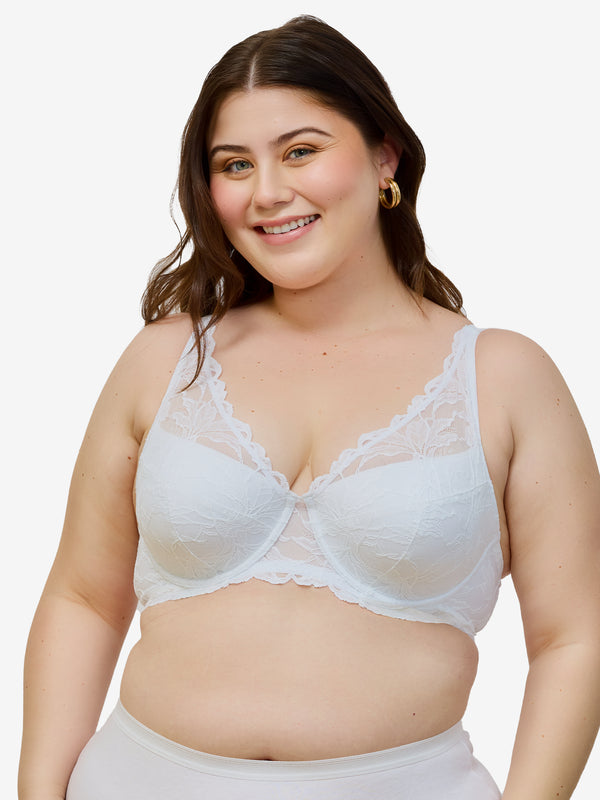 The Willow - Lace Plunge Underwire Bra - White,40A