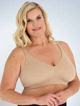 Front view of loving moments microf loving momentsiber comfort bra in beige